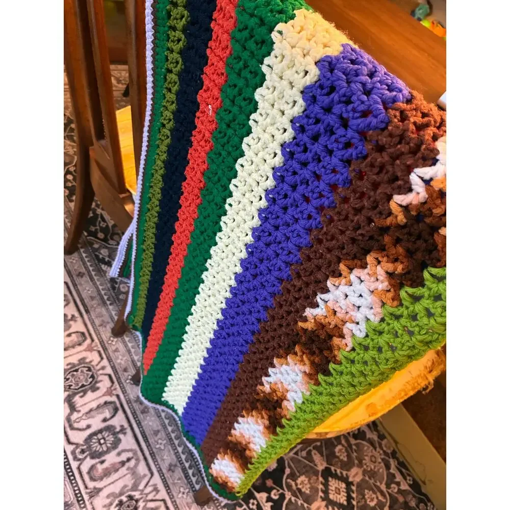 Vintage Hand Crocheted Blanket – Cream with Pastel Stripes